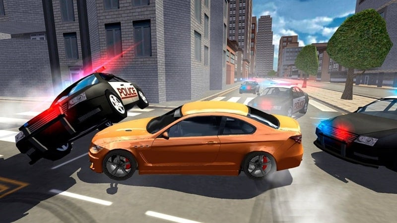 alt: Hình ảnh trò chơi Extreme Car Driving Racing 3D cho thấy một chiếc xe đang drift trên đường phố với hiệu ứng khói và lốp xe mòn.