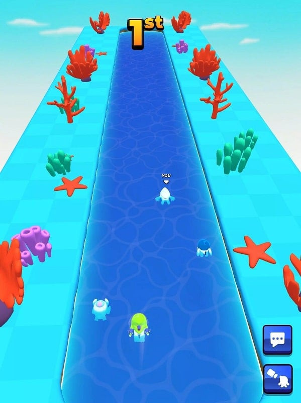 A Pocket Champs character running and jumping over obstacles on the racetrack.