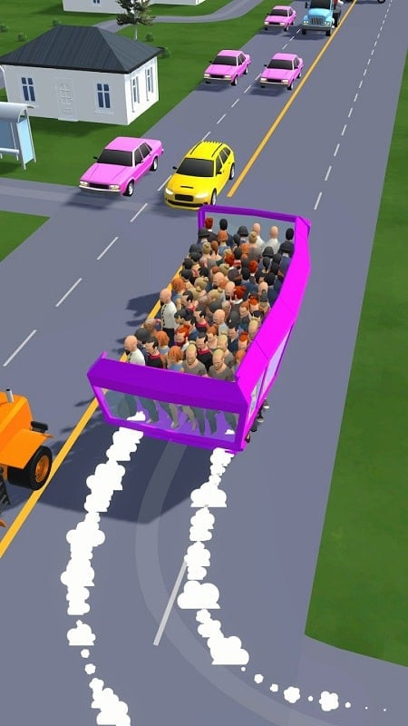 alt: Hình ảnh trong game Bus Arrival, một chiếc xe buýt màu đỏ đang di chuyển trên đường.