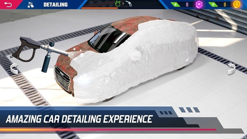 alt: Hình ảnh trong game Car Detailing Simulator 2023 cho thấy quá trình chăm sóc xe chi tiết.