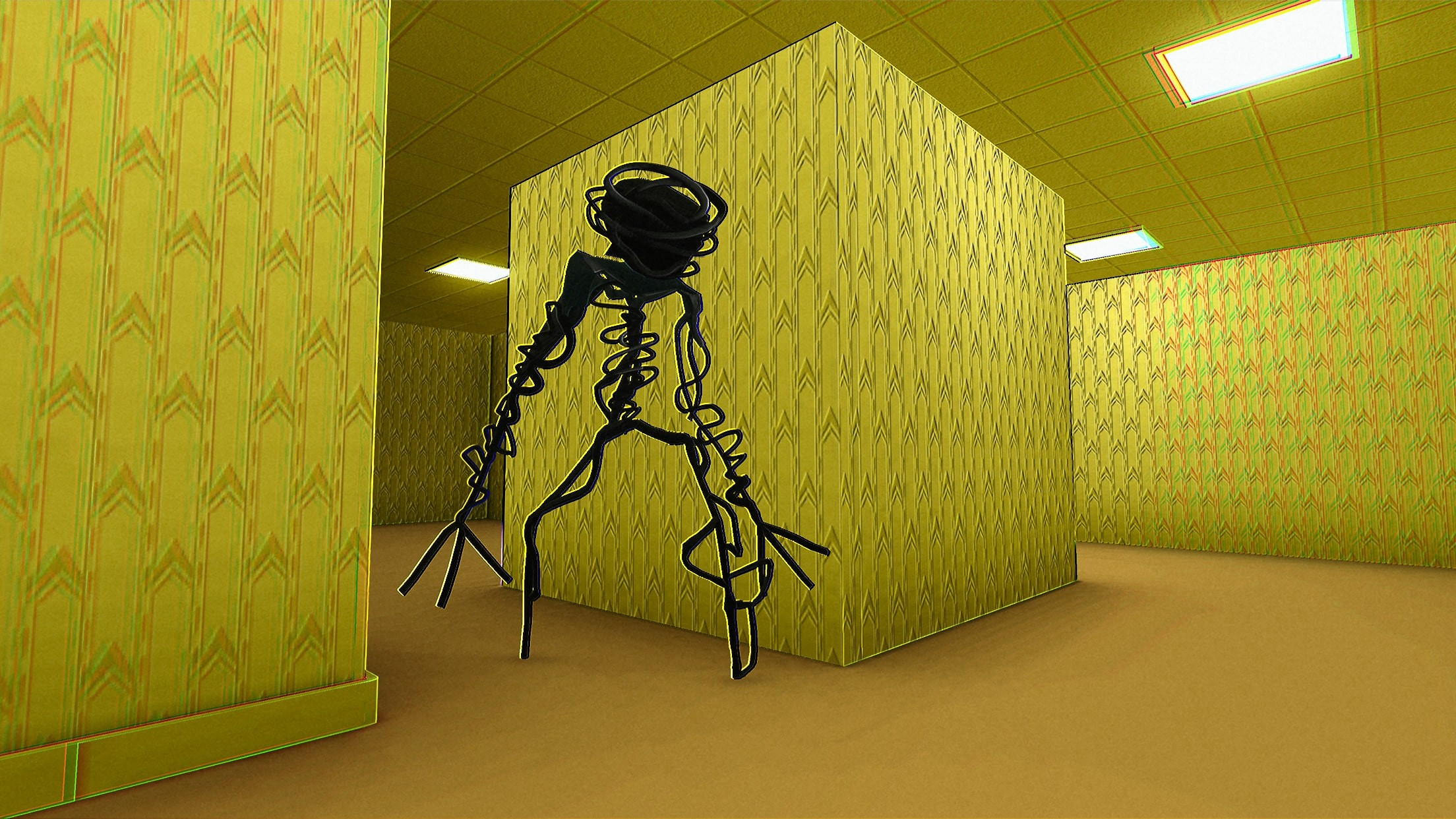 A screenshot from Hide in The Backrooms Nextbots showing a terrifying creature chasing the player.