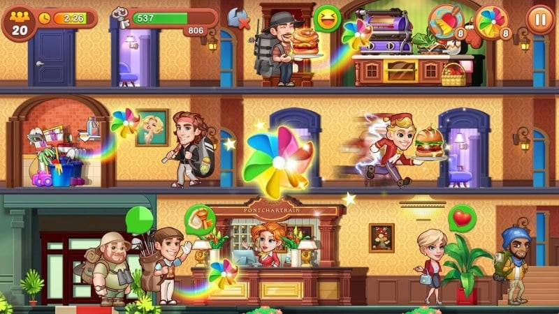 Hotel Fever gameplay screenshot, showcasing a beachfront hotel with a unique design.