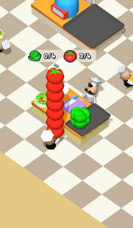 alt: Hình ảnh trong game Restaurant Tycoon với các quầy chế biến thức ăn và khách hàng