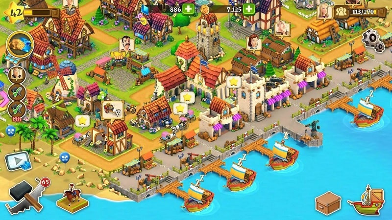 A developed city with various buildings and amenities in Town Village Farm Build City.