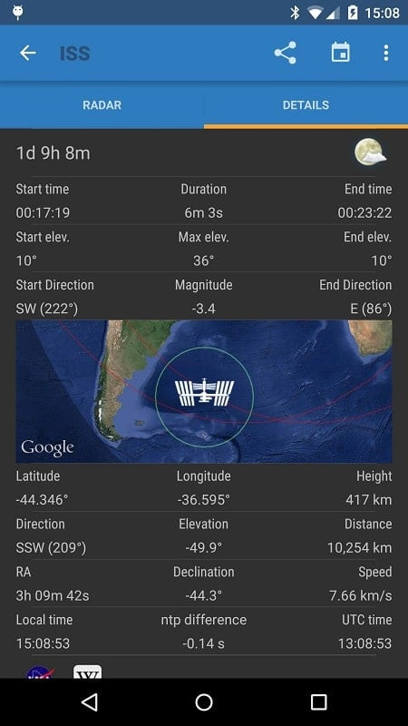 ISS Detector Pro displaying detailed information about various space objects, including satellites and asteroids.