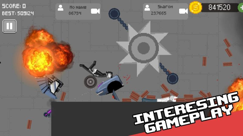 A level in Dismount Playground featuring dangerous obstacles like fire, a guillotine, and bombs.