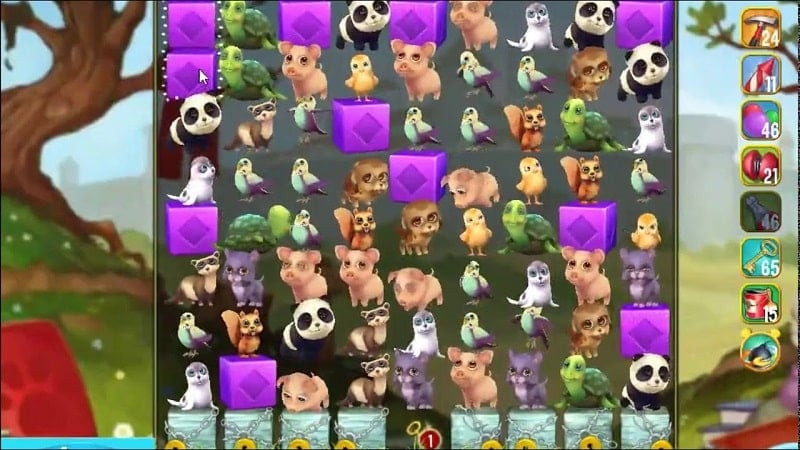 alt: Màn hình chơi game Pet Rescue Saga với các khối gạch đầy màu sắc