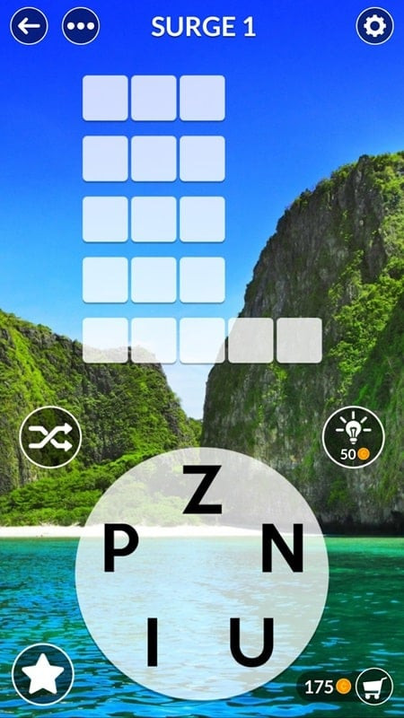 A Wordscapes Uncrossed puzzle showing the word spaces to be filled and the available letters to connect.