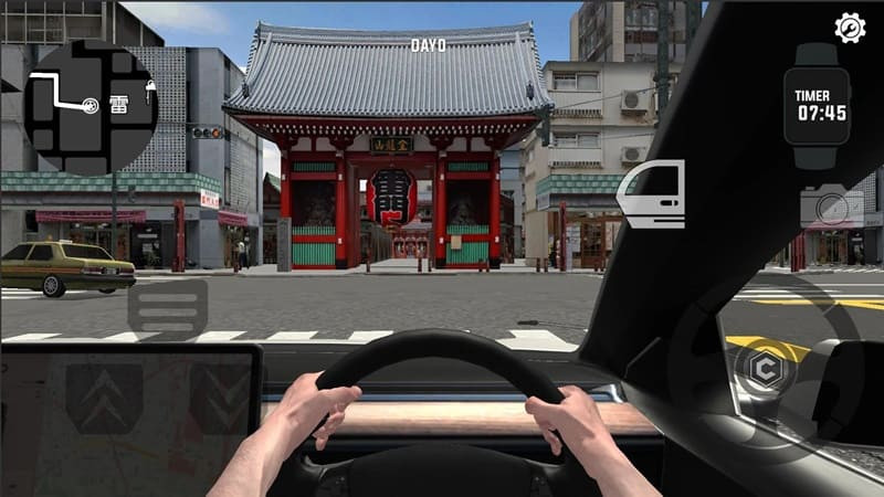 alt: Một chiếc xe trong game Tokyo Commute Driving Sim đang chạy trên đường phố