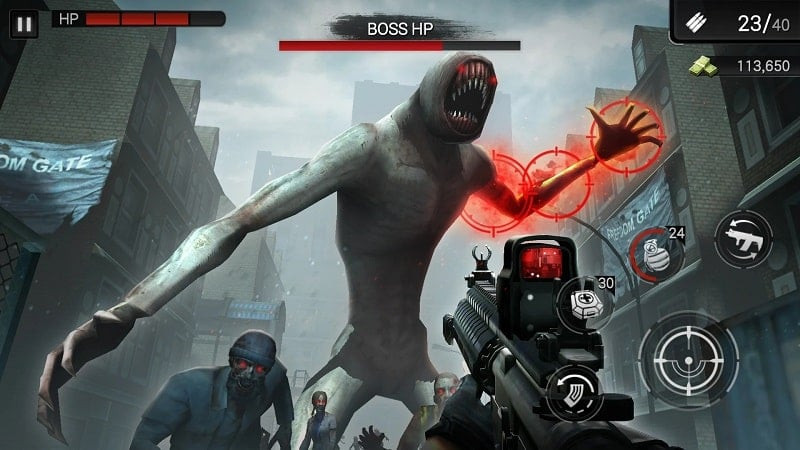 alt: Một con trùm zombie khổng lồ trong game Zombie Hunter D-Day2.