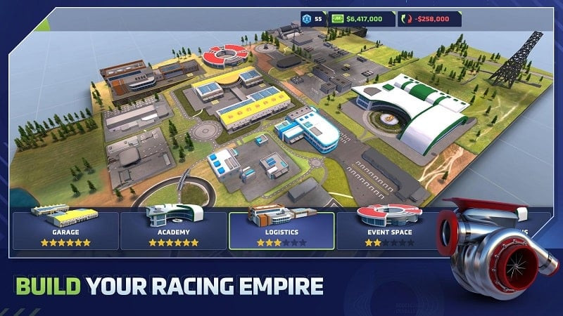 alt: Motorsport Manager 4 trên điện thoại Android, hiển thị giao diện quản lý đội đua với các tùy chọn chiến thuật.