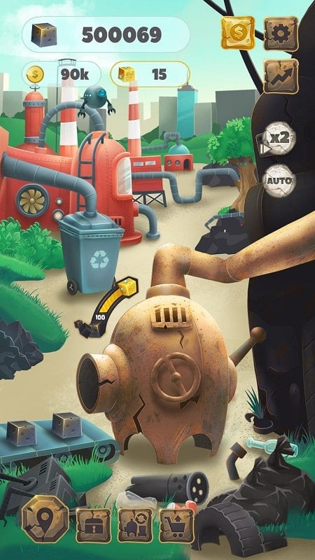 Player collecting trash with a specialized vehicle in Trash Tycoon.