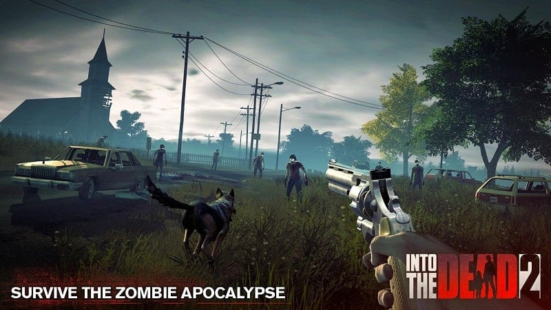 alt: Nhân vật trong game Into the Dead 2 đang bắn súng vào bầy zombie