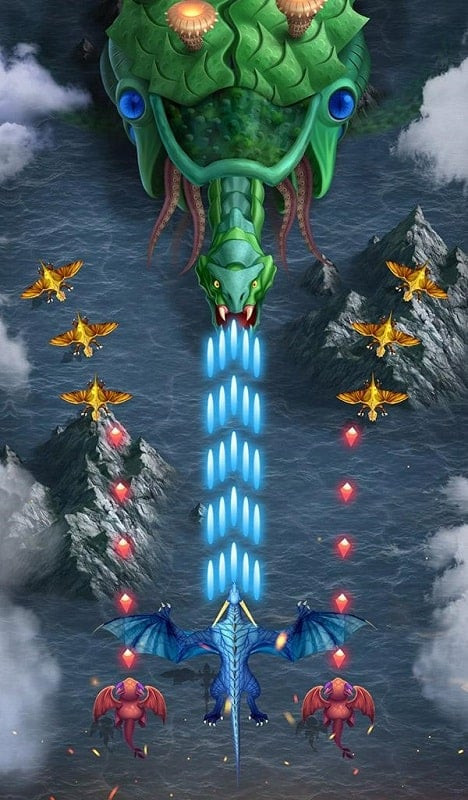 alt: Rồng trong game Dragon Shooter bay lượn trên nền trời đầy sao