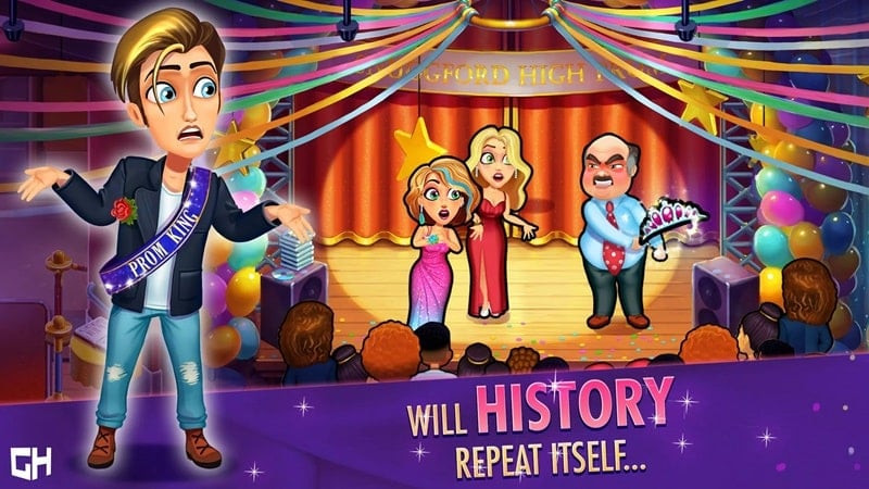 alt text: Angela đang lựa chọn trang phục cho buổi dạ hội trong game Fabulous - High School Reunion