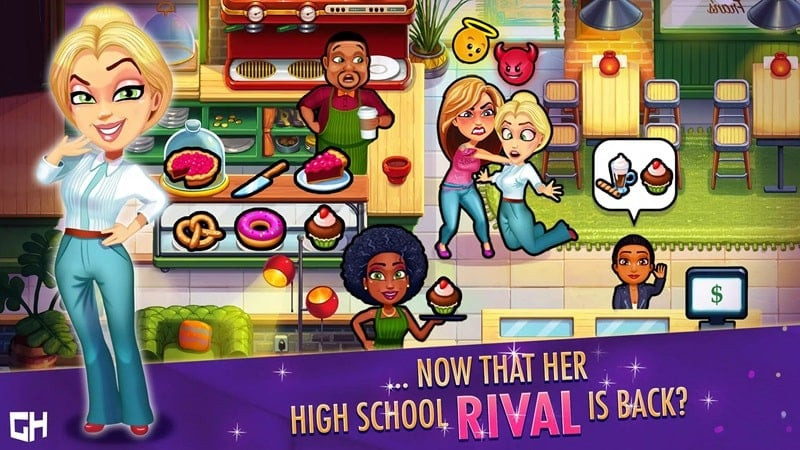 alt text: Angela đang trò chuyện với một người bạn trong game Fabulous - High School Reunion