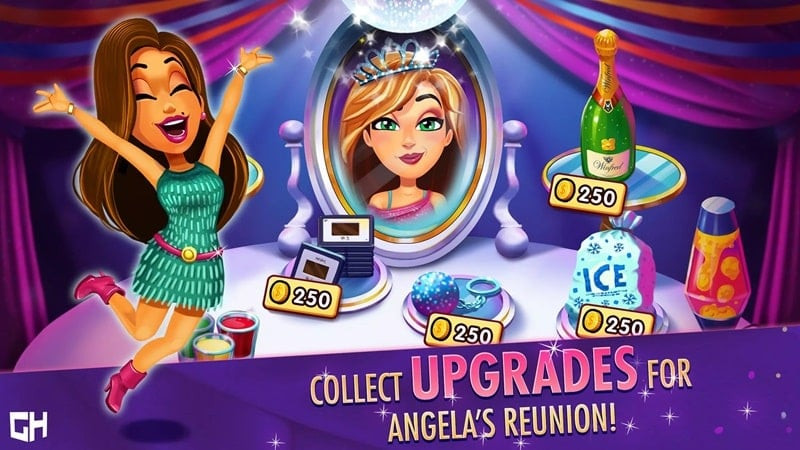 alt text: Angela trong game Fabulous - High School Reunion đang trò chuyện với bạn bè tại buổi dạ hội