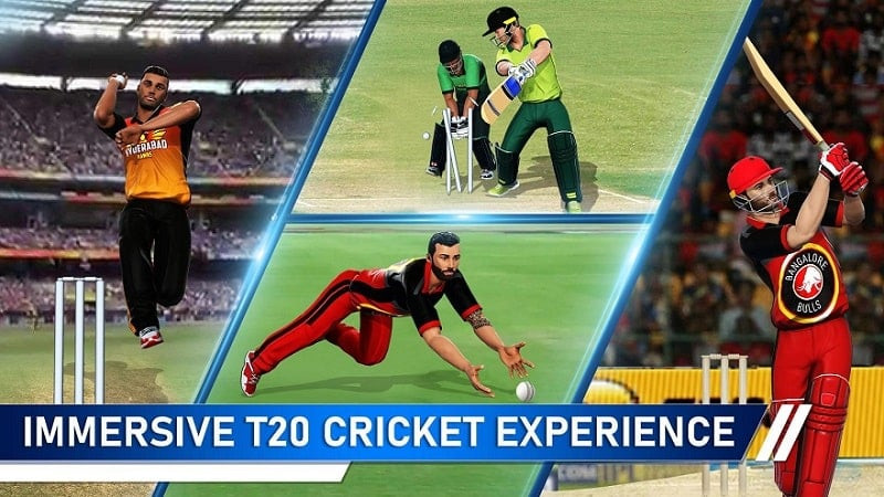 T20 Cricket Champions 3D MOD APK gameplay screenshot featuring the stadium and players