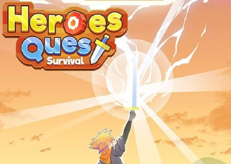 alt text: Ảnh chụp màn hình game Heroes Quest Survivor, hiển thị nhân vật chính giữa khung cảnh hoang tàn với quái vật xung quanh.