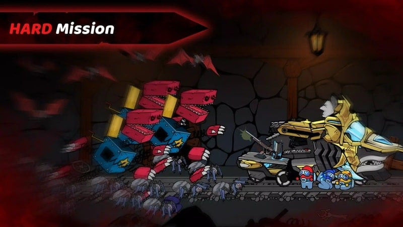 Monsters Survivor gameplay screenshot: the hero battles a giant boss in a fiery arena.