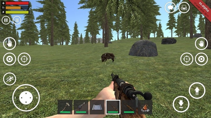 Survival Simulator gameplay screenshot: Character navigating through a forest.