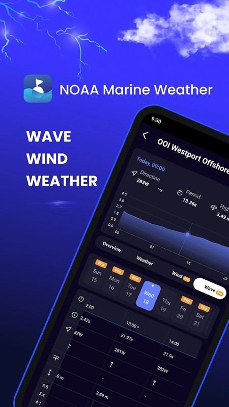 alt text: Bản đồ hiển thị thông tin khu vực và thời tiết biển trong ứng dụng Marine Weather MOD.