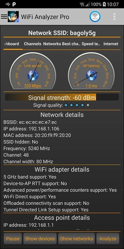 WiFi signal strength graph in WiFi Analyzer Pro for easy comparison and selection