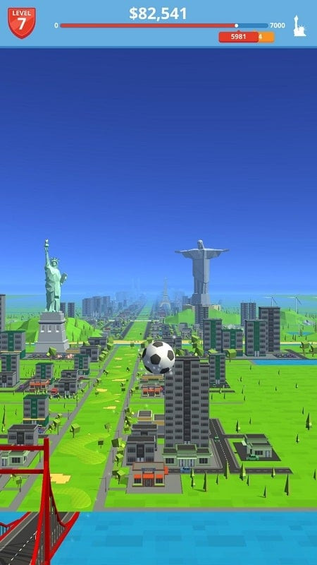 The ball soaring past the Statue of Liberty in Soccer Kick.