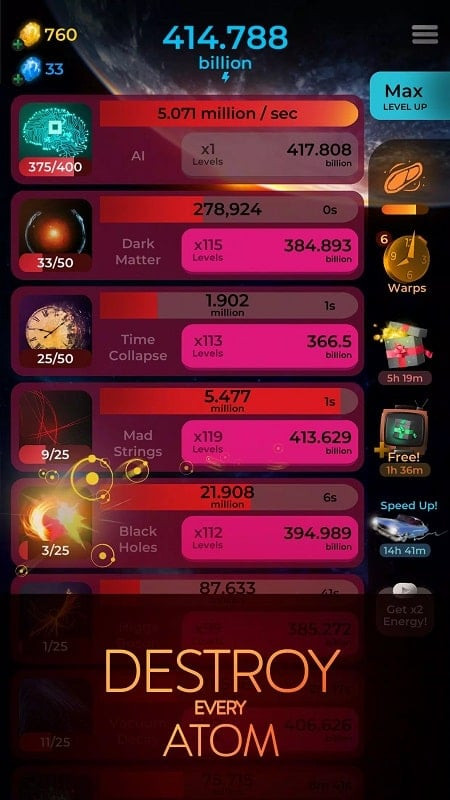 Different energy crystals in Annihilation: Idle Games, each with unique powers