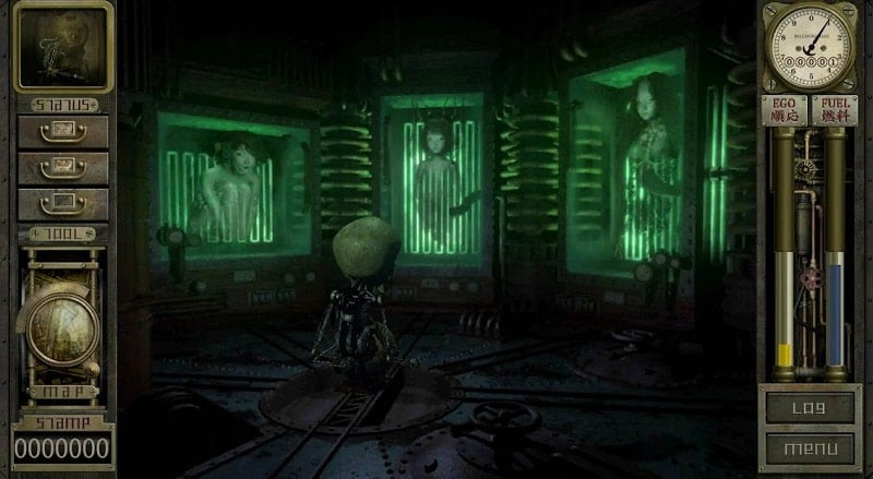 A close-up of the main character's mechanical body in Garage: Bad Dream Adventure. The body is assembled from mechanical parts such as springs, exhaust pipes, and an oil tank. Green and red energy bars indicate brain and fuel levels.