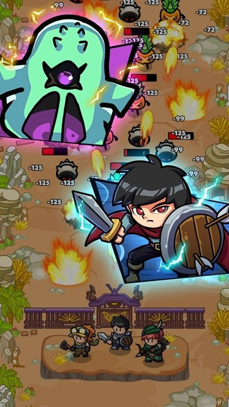 alt text: Cảnh chiến đấu trong Hero Quest MOD APK với hiệu ứng đẹp mắt và các anh hùng đang tung chiêu.