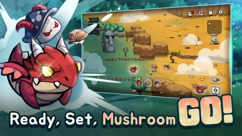 alt text: Cảnh chiến đấu trong Mushroom Go, người chơi điều khiển đội quân nấm chống lại quái vật