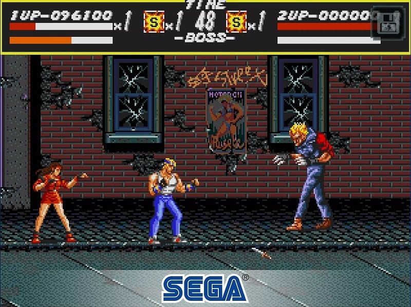 alt text: Cảnh đối đầu giữa cảnh sát và tội phạm trong game Streets of Rage Classic.