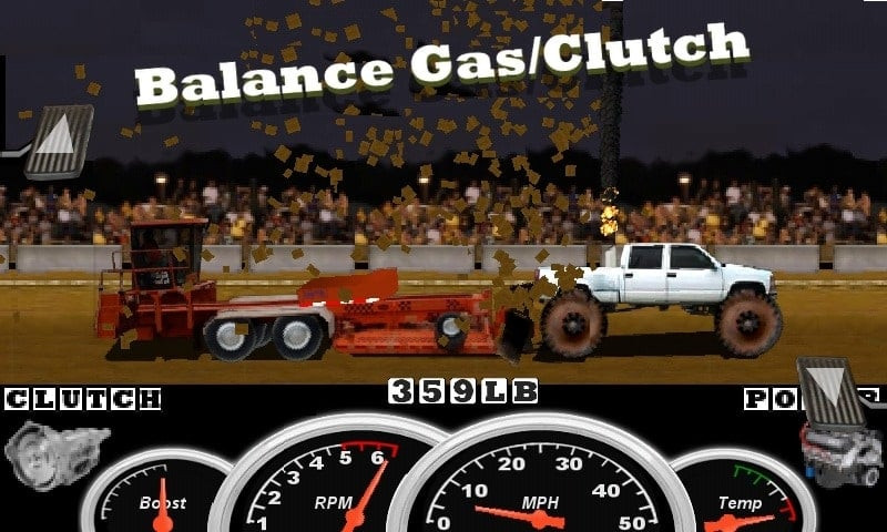 alt text: Cảnh đua trong game Tractor Pull, máy kéo đang kéo khối kim loại trên đường đua