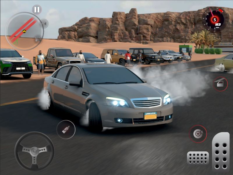 alt text: Cảnh đua xe trong game Drift for Life, với xe đang drift và khói bụi mù mịt