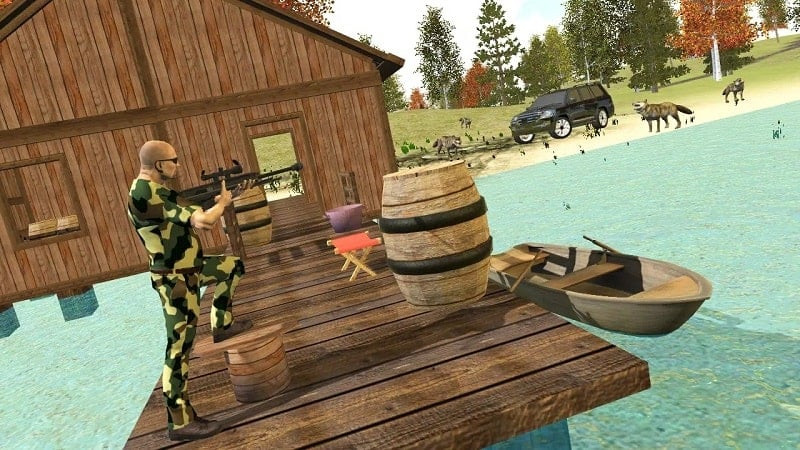 Hunting scene in Hunting Simulator 4x4, player aiming at a deer