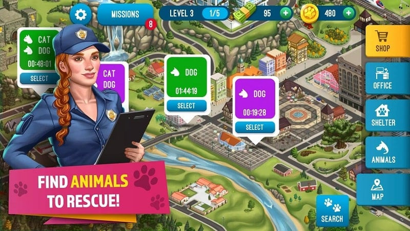 alt text: Cảnh tắm cho thú cưng trong game Animal Shelter Simulator