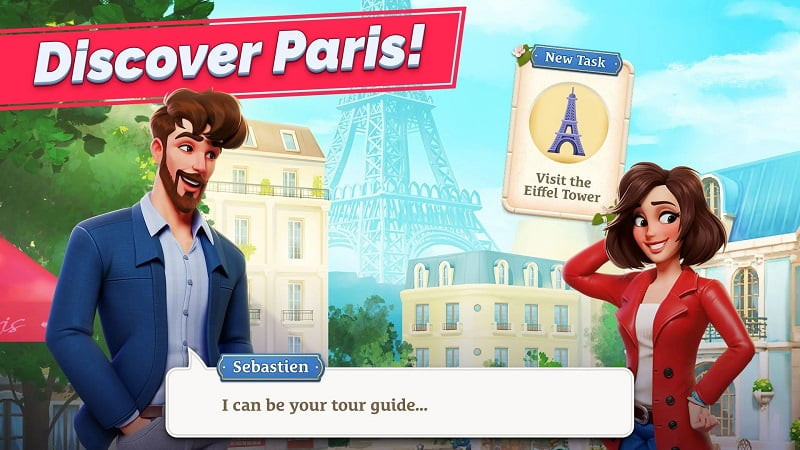 alt text: Cảnh trong game Match in Paris, người chơi đang trang trí lại căn biệt thự