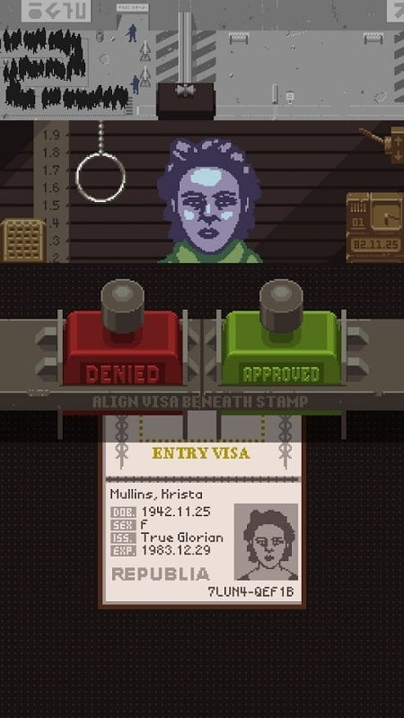 Gameplay screenshot of Papers, Please showing the player inspecting a woman's passport.