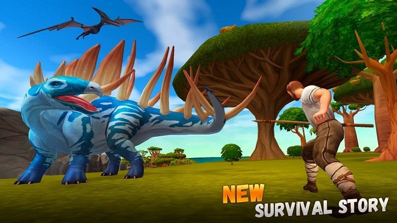 alt text: Cảnh trong game Survival Island 2: Dinosaurs, người chơi đang chế tạo vũ khí