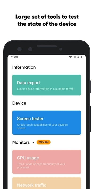 Castro Premium displaying detailed battery information including capacity, usage time, and charging status.