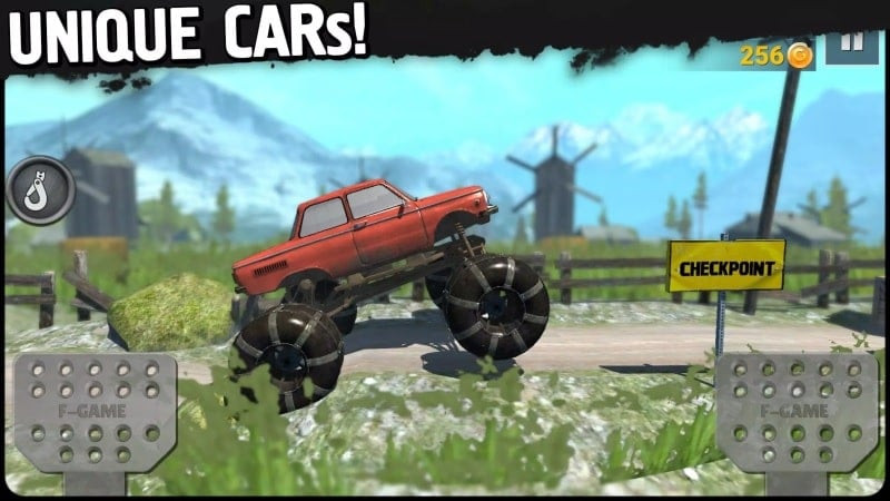 alt text: Chiếc xe địa hình bị lún bánh trong bùn đất, thể hiện độ chân thực của game Off-Road Travel Free