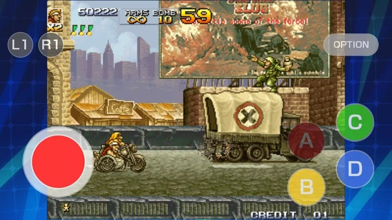 alt text: Chiến đấu với kẻ thù trong Metal Slug 4 ACA NEOGEO