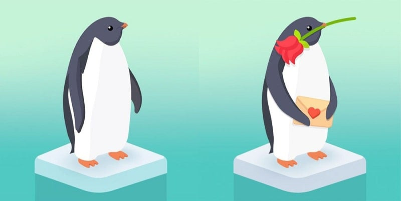 alt text: Chim cánh cụt xây dựng công trình trong Penguin Isle MOD APK