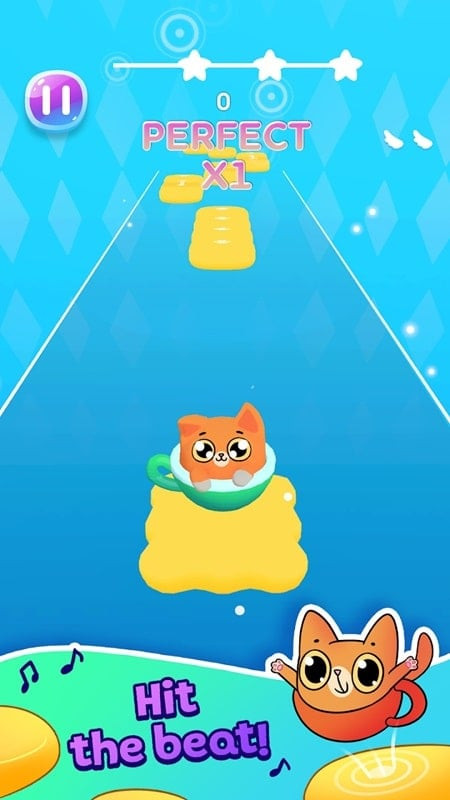 alt text: Chú mèo trong game Cat-Cup Dance đang nhảy trên nền nhạc sôi động