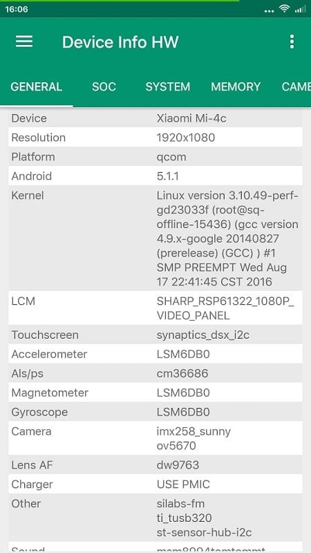 Device Info HW+ displaying memory and storage information.