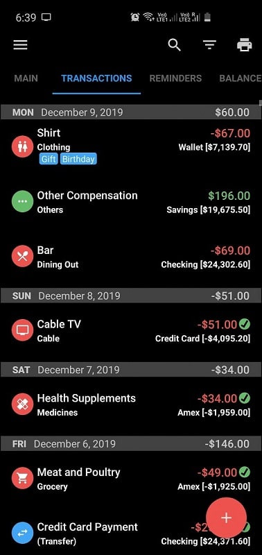 Bluecoins MOD APK interface displaying expense tracking with detailed categories.