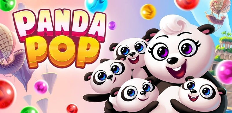 alt text: Giao diện chính của game Bubble Shooter: Panda Pop, hiển thị các bong bóng nhiều màu sắc và chú gấu trúc đáng yêu.