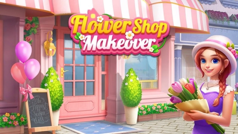 alt text: Giao diện chính của game Flower Shop Makeover, hiển thị tiệm hoa tươi sáng và rực rỡ với nhiều loại hoa khác nhau.