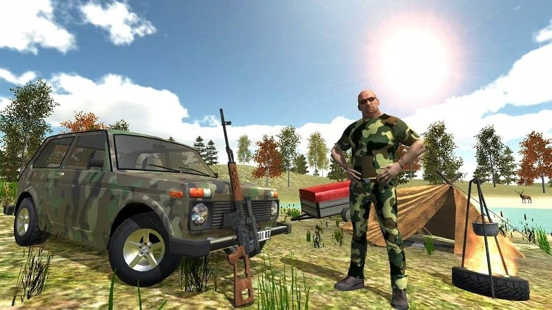 alt text: Giao diện chính của game Hunting Simulator 4x4 hiển thị một chiếc xe địa hình đang di chuyển trong rừng